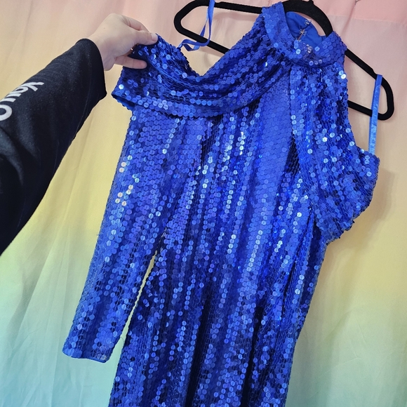 Blue Sequin 90's Vintage Off Shoulder Long Sleeve Mini Dress - Picture 7 of 11
